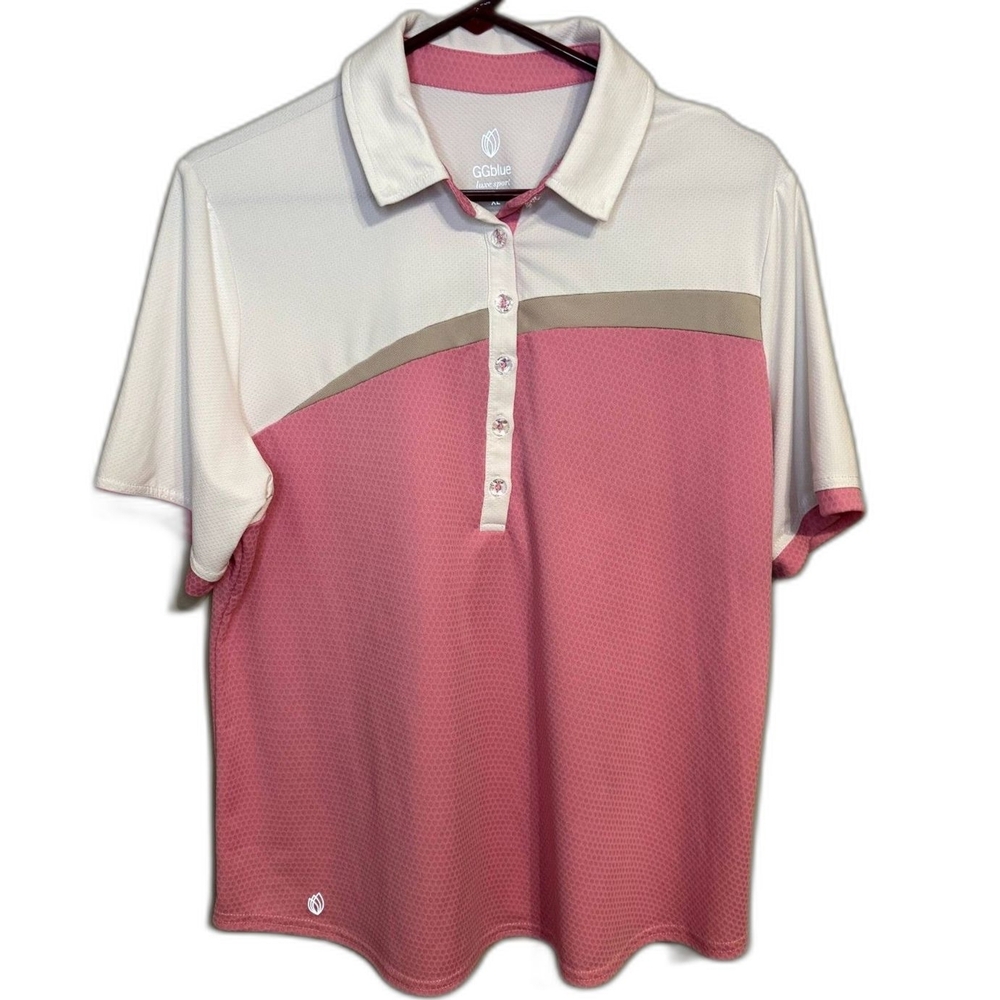 GG Blue Polo Shirt Women’s M Activewear Pink & White Short Sleeve Moisture W1